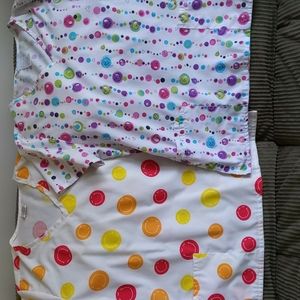Scrub Top Lot of 2 size M, white and multi, smiley face, dots & hearts